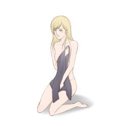 1girls annie_leonhardt attack_on_titan blushing_female covering_self hair_down kuobi_meon looking_away_from_viewer no_background nude_female shingeki_no_kyojin white_background