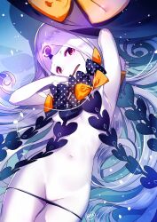 abigail_williams_(fate) abigail_williams_(third_ascension)_(fate) arm_up black_bow black_panties bow breasts colored_skin fate/grand_order fate_(series) female highres keyhole light_particles long_hair lowleg lowleg_panties lying navel on_back open_mouth orange_bow panties parted_bangs pink_eyes polka_dot polka_dot_bow small_breasts solo stomach third_eye underwear very_long_hair white_hair white_skin yamacchi