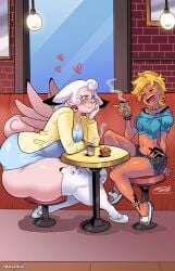 2girls big_ass biting_own_lip blonde_hair blush clefable commission dark-skinned_female dark_skin darkereve detailed_background female female_only generation_1_pokemon heart hi_res huge_thighs humanized jagua_tales light-skinned_female light_skin milf nintendo pokémon_(species) pokegirl pokemon shaved_side sitting smiling tania_serrata tattoo tattoos thick_thighs thighhighs voluptuous white_hair white_thighhighs