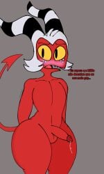 anthro ass big_butt demon genitals hair helluva_boss hi_res horn humanoid looking_back male male_focus male_only milk moxxie_(helluva_boss) penis portuguese_text red_body shy solo tail text thick_thighs translation_request vincikkkk vincizinho_(artist)