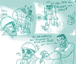 3boys embarrassed engineer erection erection_under_clothes glasses gloves goggles hard_hat heavy_weapons_guy imminent_sex injection knee_pads medic overalls pants_down pants_pulled_down running_away shirt_removed syringe team_fortress_2 tool_box yaddie yaoi