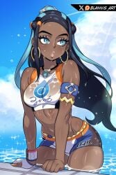 1girls absurdres artist_name bare_shoulders bikini black_bikini black_hair blannis blannis_art blue_bikini blue_eyes blue_eyeshadow blue_hair blue_sky breasts collarbone cowboy_shot dark-skinned_female dark_skin day earrings eyelashes eyeshadow female female_focus fingerless_gloves fingernails gloves highres jewelry leaning_forward lips long_fingernails long_hair looking_afar makeup medium_breasts midriff multicolored_bikini multicolored_hair navel nessa_(pokemon) nintendo orange_bikini outdoors parted_lips pokemon pokemon_swsh pool single_glove sky solo sports_bikini sun swimsuit teeth two-tone_hair very_dark_skin water wet wet_clothes white_bikini white_gloves