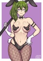 animal_ears bare_shoulders black_bow black_pasties bow breasts collarbone covered_nipples fake_animal_ears female fishnet_thighhighs fishnets gloves green_hair hand_on_own_hip holding holding_weapon long_hair looking_at_viewer medium_breasts navel pasties playboy_bunny purple_eyes rabbit_ears rabbit_tail redjet side_ponytail simple_background smile sousou_no_frieren tail thighhighs two-tone_background ubel_(sousou_no_frieren) weapon white_gloves