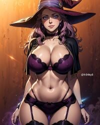 ai_generated big_breasts black_bulls_uniform black_clover bra breasts cleavage fr34ky pink_hair purple_eyes stockings thick_thighs thong vanessa_enoteca wide_hips witch_hat