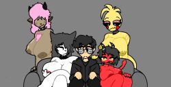 4girls alvixnsfwart dina_the_pinksheep_(alvixnsfwart) five_nights_at_freddy's gangbang helluva_boss linda_(alvixnsfwart) millie_(helluva_boss) multiple_girls sofa tagme toy_chica_(fnaf)