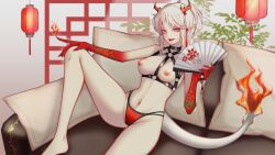 absurdres arknights breasts charlie_purrito colored_skin dragon_girl female hand_fan highres holding holding_fan looking_at_viewer nian_(arknights) pointy_ears purple_eyes sitting solo tail white_hair