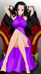 absurdres amazon_warrior armpits arms_up artist_request black_hair blue_eyes boa_hancock chair crossed_legs detached_sleeves dress earrings female female_only high_heels highres jewelry looking_at_viewer messy_hair one_piece praaveeshraaj21 purple_dress snake_earrings thighs