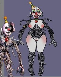 1girls animatronic bald bald_female breasts button clown clown_girl clown_nose earrings endoskeleton ennard_(fnafsl) eyeball eyelashes female female_focus female_only five_nights_at_freddy's five_nights_at_freddy's:_sister_location genderswap_(mtf) hat lipstick medium_breasts nightmare_waifu no_hair official_art party_hat peachrot pussy red_lipstick red_nose reference_image rule_63 thick_thighs thighs vagina wide_hips wires