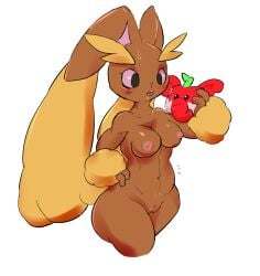 anthro breasts brown_body censored cottontail female generation_4_pokemon genitals hi_res lopunny nintendo nipples nude pokemon pokemon_(species) power_up pussy simple_background solo thick_thighs white_background