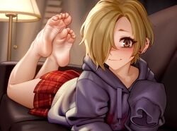 barefoot black_nails black_toenails blush brown_eyes couch cute ear_piercing feet feet_up foot_fetish hair_over_one_eye hoodie idolmaster kairuhentai kairunoburogu laying_down laying_on_couch laying_on_stomach nail_polish plaid plaid_skirt shirasaka_koume skirt sleeves_past_wrists smile soles tagme tagme_(character) the_pose toes wrinkled_feet