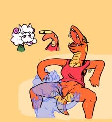 ambiguous_gender anthro bottomless bovid breasts caprine cleavage clothed clothing couch_sex cunnilingus double_chin expressive female female/ambiguous fur genitals mammal mevka_(artist) narrowed_eyes non-mammal_breasts oral pussy reptile scalie sex sheep simple_background snake tongue tongue_out topwear topwear_only vaginal_penetration wool_(fur)