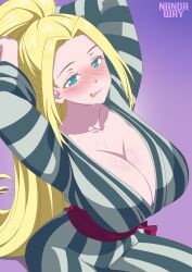 1girls absurdres arms_behind_head beatrix_amerhauser blonde_hair blue_eyes breasts cleavage collarbone cum cum_inside fefex female high_ponytail highres huge_breasts japanese_clothes kimono long_hair no_bra oppai purple_background rs40uchiha saliva saliva_trail sidelocks solo tongue tongue_out very_long_hair yukata zom_100_zombie_ni_naru_made_ni_shitai_100_no_koto