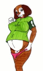 anthro belly big_breasts breasts brown_body brown_fur canid canine canis clothed clothing collar danellz domestic_dog female fur green_eyes huge_breasts mammal multicolored_body multicolored_fur navel nipple_outline panties partially_clothed pregnant shirt solo topwear traditional_media_(artwork) two_tone_body two_tone_fur underwear underwear_down white_body white_fur