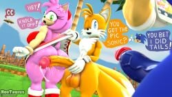 1girls 2boys 3d 3d_(artwork) amy_rose ass big_ass big_butt big_penis clothed erection female huge_cock jiggle knuckles_the_echidna male male/female miles_tails_prower neotaurus onomatopoeia penis phone shocked smartphone sonic_(series) sonic_the_hedgehog sonic_the_hedgehog_(series) source_filmmaker spanking tagme taking_picture wink