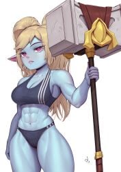 1girls 2022 abs absurd_res adonis_belt bare_arms blonde_hair breasts cameltoe cleavage commission fangs grey_background hi_res holding_object league_of_legends medium_breasts midriff navel poppy purple_eyes signature simple_background speedl00ver sports_bra sportswear twintails