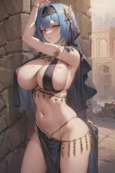 1girls ai_generated arabian_clothes big_breasts blue_hair breasts cleavage commentary daishinrinkusaki eula_(genshin_impact) genshin_impact navel pelvic_curtain solo solo_female solo_focus yellow_eyes