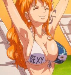 1girl 1girls arms_up big_breasts bra breasts cat catsuit chair closed_eyes female female_focus female_only flower_in_hair half_body huge_breasts long_hair multicolored_clothes multicolored_clothing nami nami_(one_piece) one_piece one_piece_film_gold orange_hair pendant pink_rose post-timeskip rose_(flower) smile smiling smirk smirking stretching tattoo tattoo_on_arm tattooed_arm tied_clothing