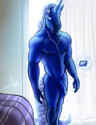 abs anthro bed bgn biceps blue_body equid equine facial_hair furniture genitals glowing glowing_eyes glowing_mane glowing_tail headphones horn male mammal muscular muscular_male nipples nude pecs penis phone solo solo_focus sparkles sparkling_character sparkling_eyes telekinesis unicorn