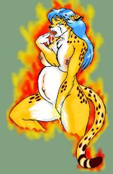 anthro areola belly big_breasts blue_hair bodily_fluids breasts cheetah danellz digital_media_(artwork) felid feline female fur genital_fluids hair in_heat mammal masturbation navel nipples nude open_mouth outie_navel pregnant pussy_juice saliva solo spots spotted_body spotted_fur sweat