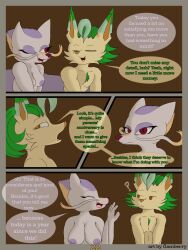 3:4 absurd_res anthro bodily_fluids breasts canid canine comic digital_drawing_(artwork) digital_media_(artwork) duo eeveelution english_text female flamberry_(artist) fur generation_4_pokemon generation_5_pokemon green_hair hair hi_res leaf leafeon lyennan_venizee_flare_(flamberry) mae_lin_shun male male/female mammal mature_female mienshao mustelid musteline nintendo nipples nude open_mouth page_22 pokemon pokemon_(species) red_eyes simple_background smile text