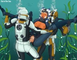 1girls 2boys ahsoka_tano artist_name background caption cartoon_network clone_scuba_trooper clone_trooper clone_wars color commander_monk commander_monnk cptn_xxx detailed_background female hi_res lucasfilm male mmf_threesome nipples ocean penis pussy scuba sea sex star_wars the_clone_wars:_season_four threesome title_page togruta topless underwater underwater_sex vegetation water wetsuit