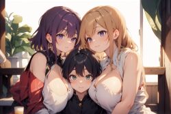 1boy 2girls ai_generated big_breasts blonde_hair blush blushing_boy boy boy_sandwich breasts breasts_squeeze bright cleavage day female green_eyes head_between_breasts light male multiple_girls purple_eyes purple_hair sisters squeeze squeezing squeezing_breasts sun_rays sunny sunrays