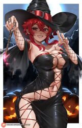 1girls aizawa_tomo breasts enmanuelart20 female halloween holidays large_breasts light-skinned_female light_skin long_hair red_eyes red_hair revealing_clothes smile solo thick_thighs tomo-chan_wa_onna_no_ko witch witch_costume witch_hat