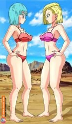 2girls 2milfs android_18 bikini blonde_hair blue_hair blush bulma_briefs bulma_briefs_(androids'_saga) dragon_ball dragon_ball_z foxybulma milf milfs multiple_girls