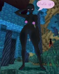 big_breasts black_body blackbetty breasts enderwoman female female_only genitals hi_res humanoid looking_at_viewer microsoft minecraft mojang nipples not_furry purple_eyes pussy smile solo tall_female text xbox_game_studios