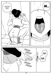 1boy 1boy1girl 1girls ass big_ass big_penis black_and_white breasts chichi comic dragon_ball dragon_ball_super dragon_ball_z funsexydragonball glory_hole goku_black monochrome page_3 partial_male son_goku stroking_penis tongue tongue_out