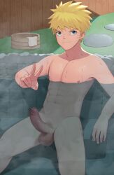 1boy abcdaniel abs absurdres bar_censor bathing blonde_hair blue_eyes bucket censored collarbone commentary completely_nude curved_penis erection facial_mark fence fingernails hand_up highres large_penis leaning_back light_smile looking_at_viewer male_focus male_only male_pubic_hair naruto naruto_(series) navel nipples nude onsen outdoors partially_submerged pectorals penis pointless_censoring pubic_hair rock sanpaku sitting solo spread_legs steam testicles towel uzumaki_naruto v veins veiny_penis water wet whisker_markings wooden_bucket wooden_fence