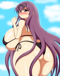 1girls artist_signature ass bikini blushing breasts embarrassed hair_ribbon huge_ass huge_breasts long_hair looking_back_at_viewer murasaki_(senran_kagura) purple_eyes purple_hair senran_kagura solo soulkibble