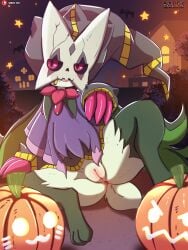 absurd_res adorable anthro anus female fur generation_4_pokemon generation_9_pokemon genitals green_body green_fur halloween hi_res holidays jack-o'-lantern mega_banette mega_evolution meowscarada mismagius nintendo pokemon pokemon_(species) pokemon_sv pussy sarox solo