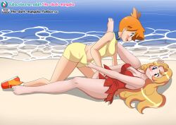 2girls adapted_costume asymmetrical_hair bare_legs beach blonde_hair blue_eyes blue_shorts blush breasts cowboy_shot creatures_(company) daisy_(pokemon) female female_only game_freak grabbing gym_leader hair_between_eyes highres huge_breasts incest kasumi_(pokemon) large_breasts legs long_hair multiple_girls navel nintendo nipples nude open_mouth orange_hair pokemon pokemon_(anime) pokemon_(game) ponytail short_hair short_ponytail shorts side_ponytail sisters smile standing stomach swimsuit the_dark_mangaka thick_thighs thighs tight_clothes water wide_hips wink yuri