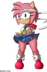 1girls amy_rose cosplay crop_top female fighting_gloves fighting_stance furry gloves headband sakura_kasugano_(cosplay) sega shoes skirt sonic_(series) yiff zoron_b164