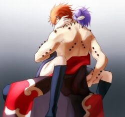 1boy 1girls akatsuki_(naruto) blue_hair female flower_in_hair implied_sex konan legs_around_partner legwear male male/female naruto naruto_(series) naruto_shippuden on_lap orange_hair pain_(naruto) piercing purple_hair romantic shirtless sitting_on_lap straight yahiko