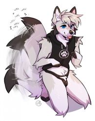 anthro black_chastity_cage black_clothing black_ear_tips black_nose black_shirt black_tail_tip black_tank_top black_topwear blep blue_eyes blush canid canine chastity_belt chastity_cage chastity_device clothed clothing clothing_lift crotch_tuft drawstring duskihorns ears_up english_text fluffy fluffy_fur fluffy_tail fox front_view fur hair heart hi_res kneeling male mammal motion_blur motion_blur_trail motion_lines pantsless pawprint_print shirt shirt_grab shirt_lift simple_background solo tail tail_motion tailwag tank_top text tongue tongue_out topwear tuft white_background white_body white_fur white_hair