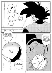 1boy 1girls black_and_white chichi comic dragon_ball dragon_ball_super dragon_ball_z earrings funsexydragonball goku_black happy_female looking_down monochrome page_2 pointing potara_earrings son_goku