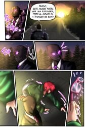 1boy1girl aurora_romanof black_body bri4n500 business_suit comic comic_page crossover el_diario_de_jonathan enderman female glasses male minecraft outdoors purple_eyes red_hair short_hair spanish_text sunset