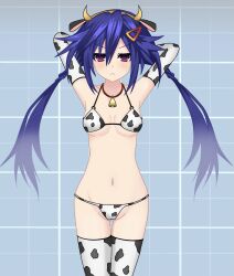 arms_up blue_hair blush breasts cleavage cow_bikini cow_print front_view frown hands_behind_head kurome_ankokuboshi light-skinned_female looking_at_viewer neptunia_(series) presenting purple_eyes s.g.sho solo thighhighs twintails