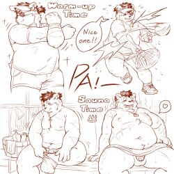 2023 anthro ball bear bottomwear clothing eye_patch eyewear heart hi_res kemono male mammal moobs navel nipples overweight overweight_male sauna scar shirt shorts sitting solo stretching tennis_ball tennis_racket topwear towel xiyuecheng