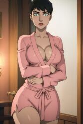 ai_generated bathrobe batman:_hush batman_(series) big_breasts breasts catwoman catwoman_(dcamu) cleavage dc_comics dcamu dcuaom fantasyai female female_only pink_robe robe selina_kyle short_hair