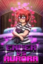 1girls aurora_romanof bed bri4n500 comic comic_cover crossover el_diario_de_jonathan enderman female freckles glasses minecraft on_knees pink_eyes plushie red_hair short_hair solo solo_female