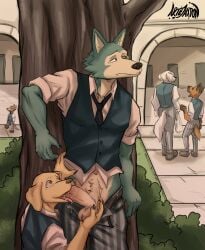 absurd_res anthro artejaxton balls beastars canid canine canis collot_(beastars) domestic_dog fellatio fennec fox genitals hi_res jack_(beastars) legoshi_(beastars) male male/male mammal miguno_(beastars) oral outside penile penis sex voss_(beastars) wolf