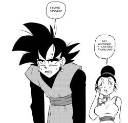 1boy 1boy1girl 1girls black_and_white breasts chichi closed_eyes dragon_ball dragon_ball_super dragon_ball_z earrings funsexydragonball goku_black monochrome potara_earrings satisfied son_goku sweatdrop