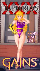 1girls arrancon blonde_female blonde_hair hand_behind_head hand_on_hip long_hair long_hair_female name_on_clothing outfit posing purple_eyes robotic_arm rwby yang_xiao_long