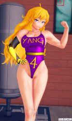 1girls arrancon blonde_female blonde_hair flexing flexing_bicep long_hair long_hair_female name_on_clothing outfit purple_hair robotic_arm rwby yang_xiao_long