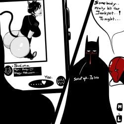 1girls ass ass_focus batman batman_(bruce_wayne) batman_(series) big_ass big_butt blush bruce_wayne cat_ears cat_tail catgirl catwoman dat_ass dc dc_comics english_text female female_focus halloween heart htetlin jason_todd large_ass male nosebleed phone phone_screen red_hood_(dc) selina_kyle text_message thick_ass