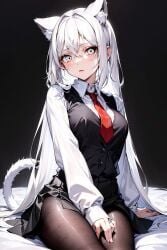 1girls ai_generated artist_request black_legwear black_pantyhose black_skirt black_vest cat_ears cat_tail catgirl legwear necktie pantyhose red_necktie scp scp-040-jp scp_foundation shirt skirt solo straight_hair vest white_ears white_eyes white_shirt white_tail yodayo