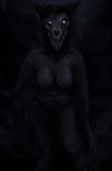 anon2000000 anthro big_breasts black_body black_fur blue_eyes bone breasts digital_media_(artwork) fangs female fur glowing glowing_eyes grainy hair hi_res light looking_at_viewer low_light mal0 malo monster moonlight navel night nipples nude open_mouth outdoor_nudity outside scp-1471 scp-1471-a scp_foundation skull skull_head sky solo solo_focus teeth tongue tuft wide_hips